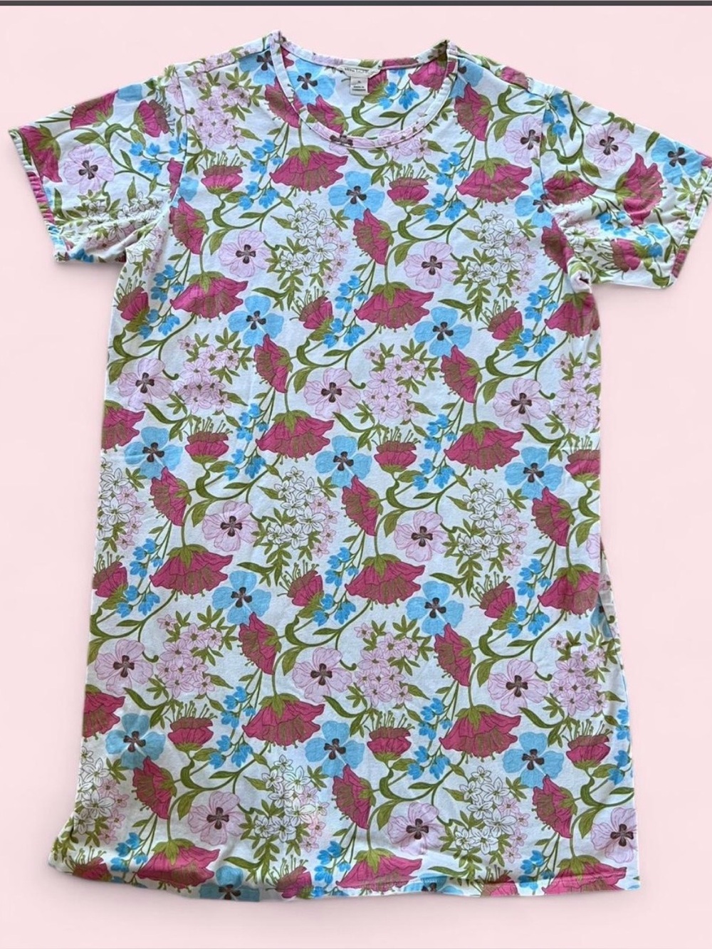 Girls' XL Floral Short Sleeve Tee Dress - Pink & Blue